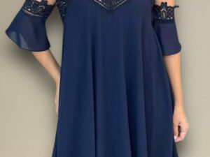 Vestido Azul con encaje en mangas y cuello de tiras talla M