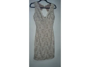 Vestido de Fiesta Corto Color Beige de encaje y detalle brillante