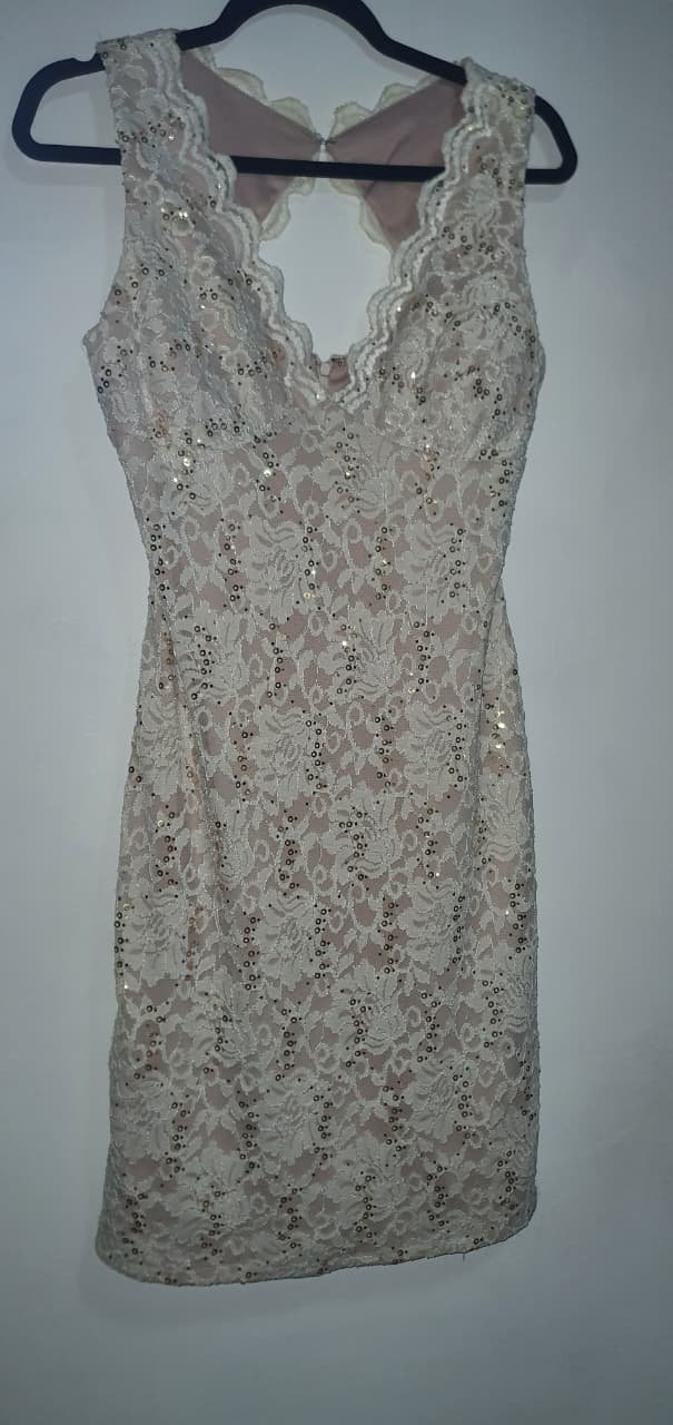 Vestido de Fiesta Corto Color Beige de encaje y detalle brillante