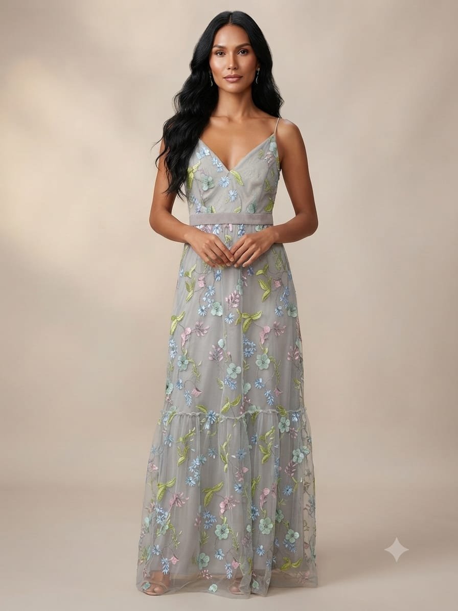 Vestido Maxi de Tul Bordado Adrianna Papell